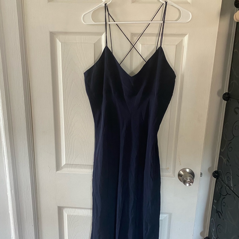 Navy blue silk midi slip dress